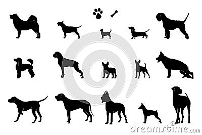 The set of silhouettes of 15 different dogs, bone and footprint. Vector. Vector Illustration